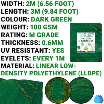2m x 3m Green LLDPE Tarpaulins, M-Grade 100 GSM