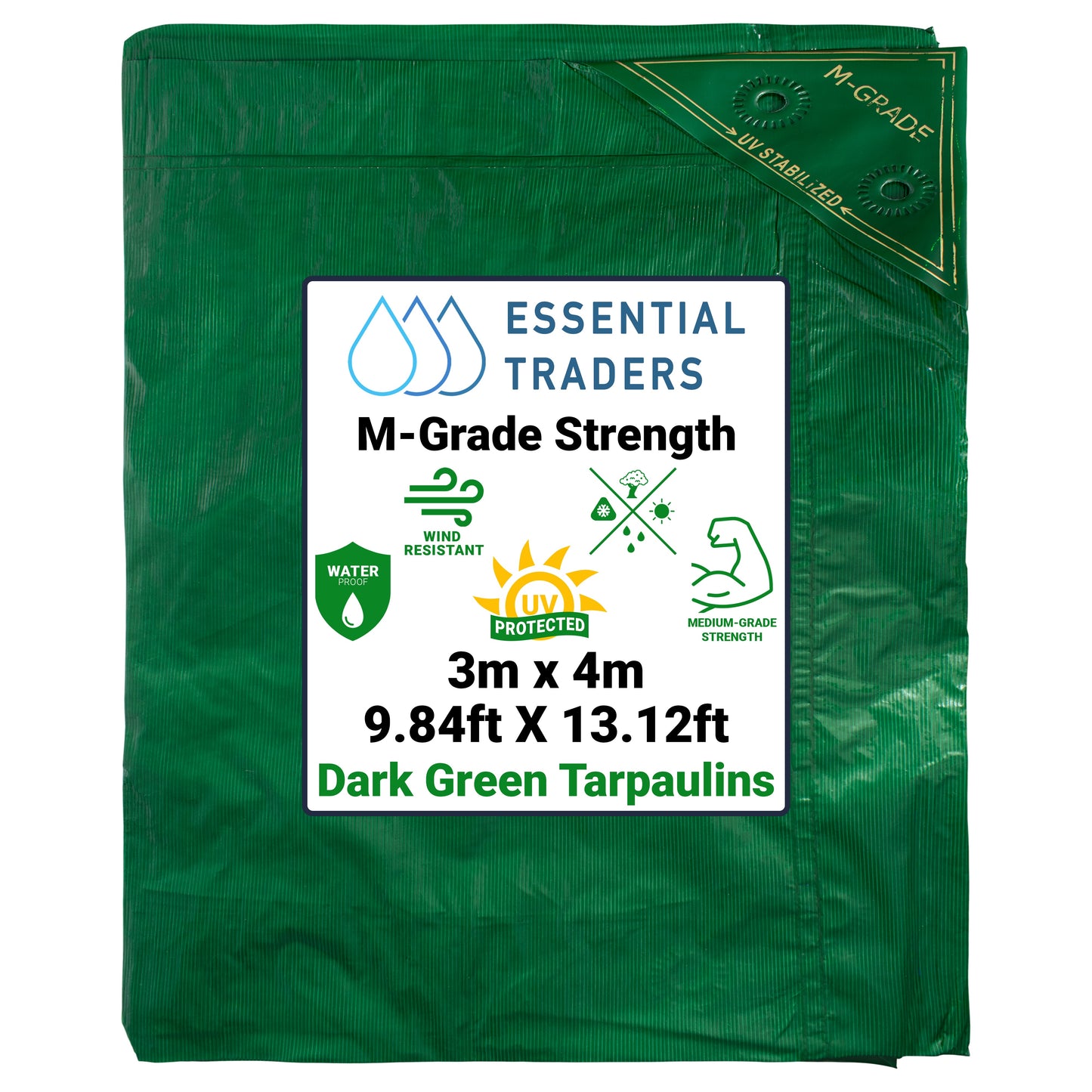 3m x 4m Green LLDPE Tarpaulins, M-Grade 100 GSM