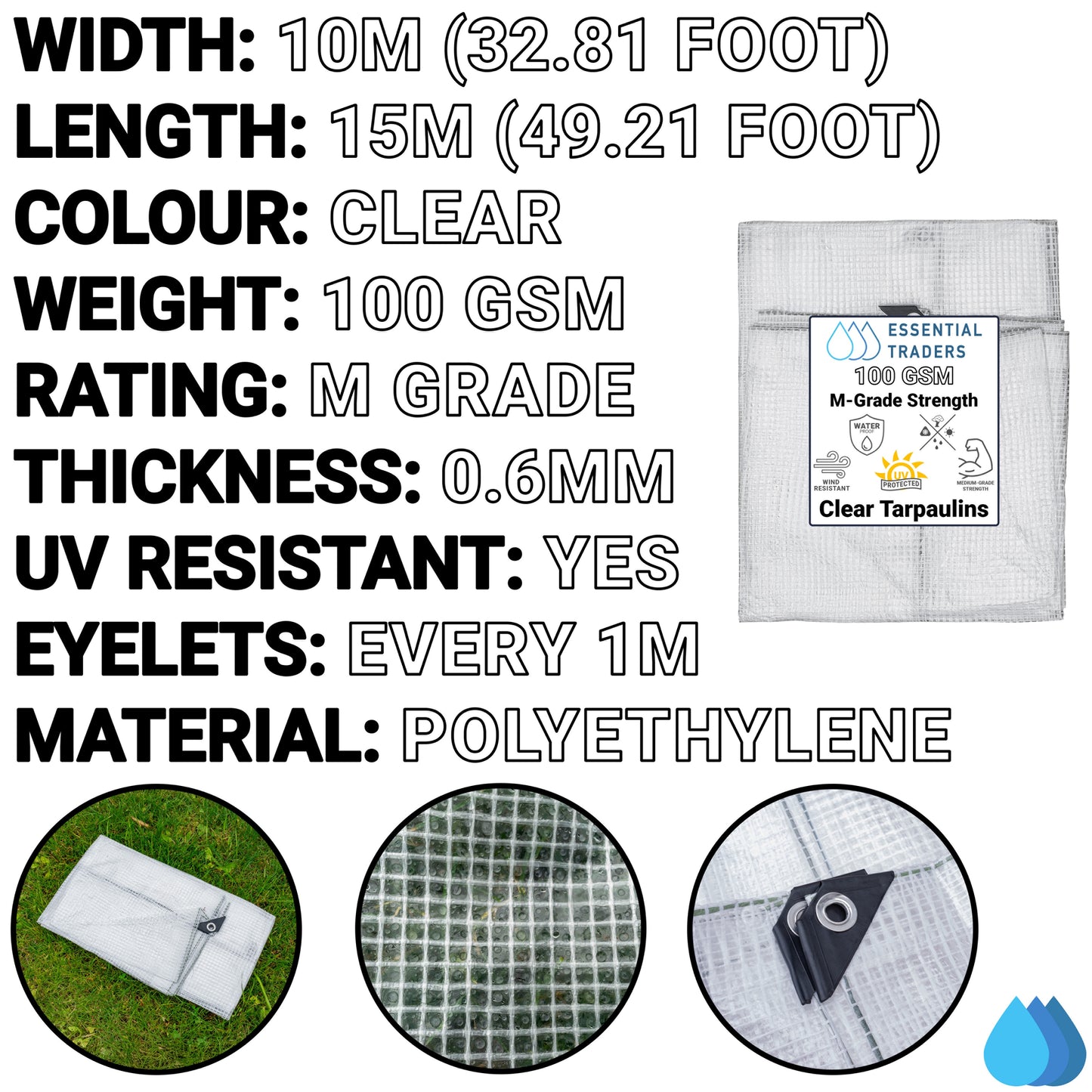 10m x 15m Clear Tarpaulins, M-Grade 100 GSM