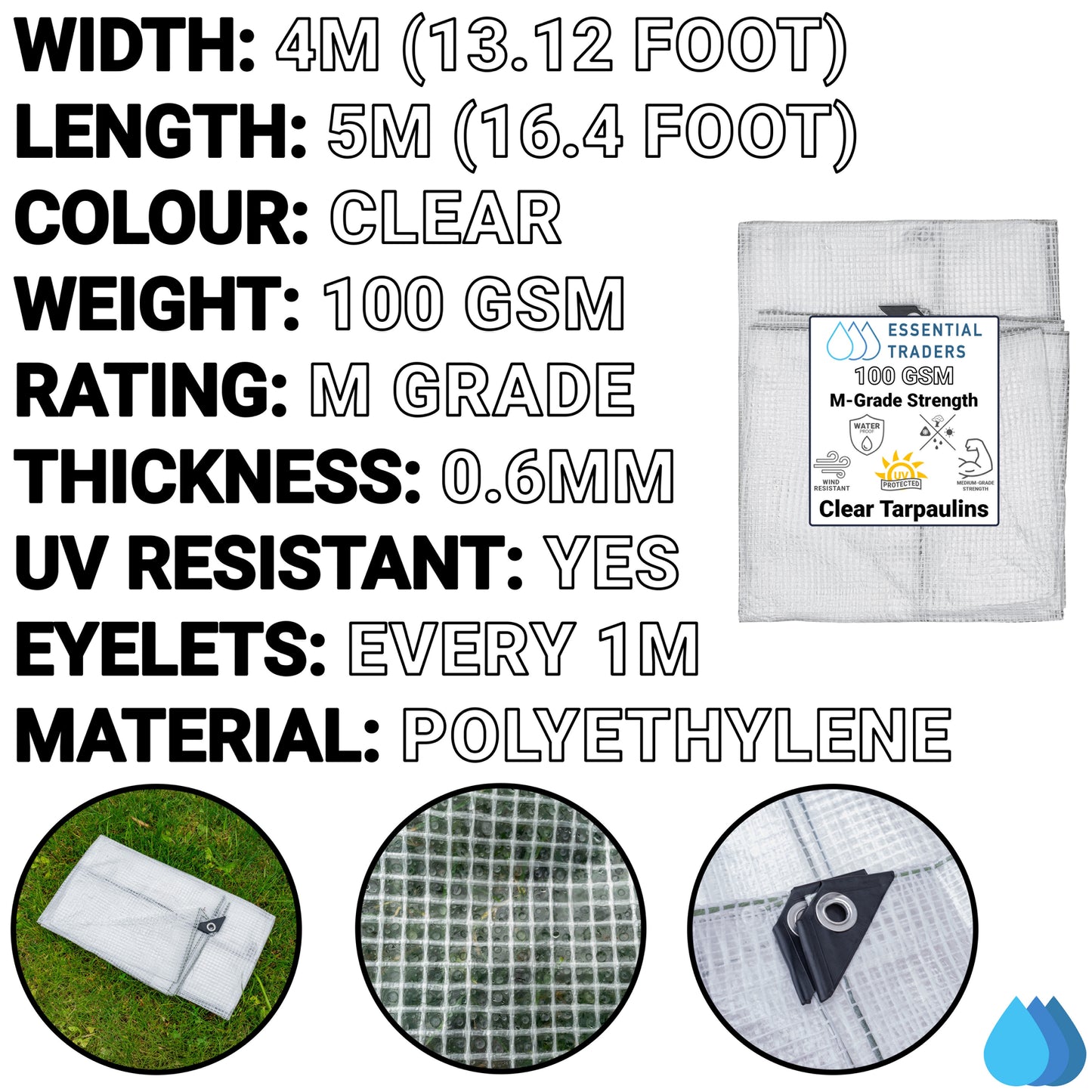 4m x 5m Clear Tarpaulins, M-Grade 100 GSM