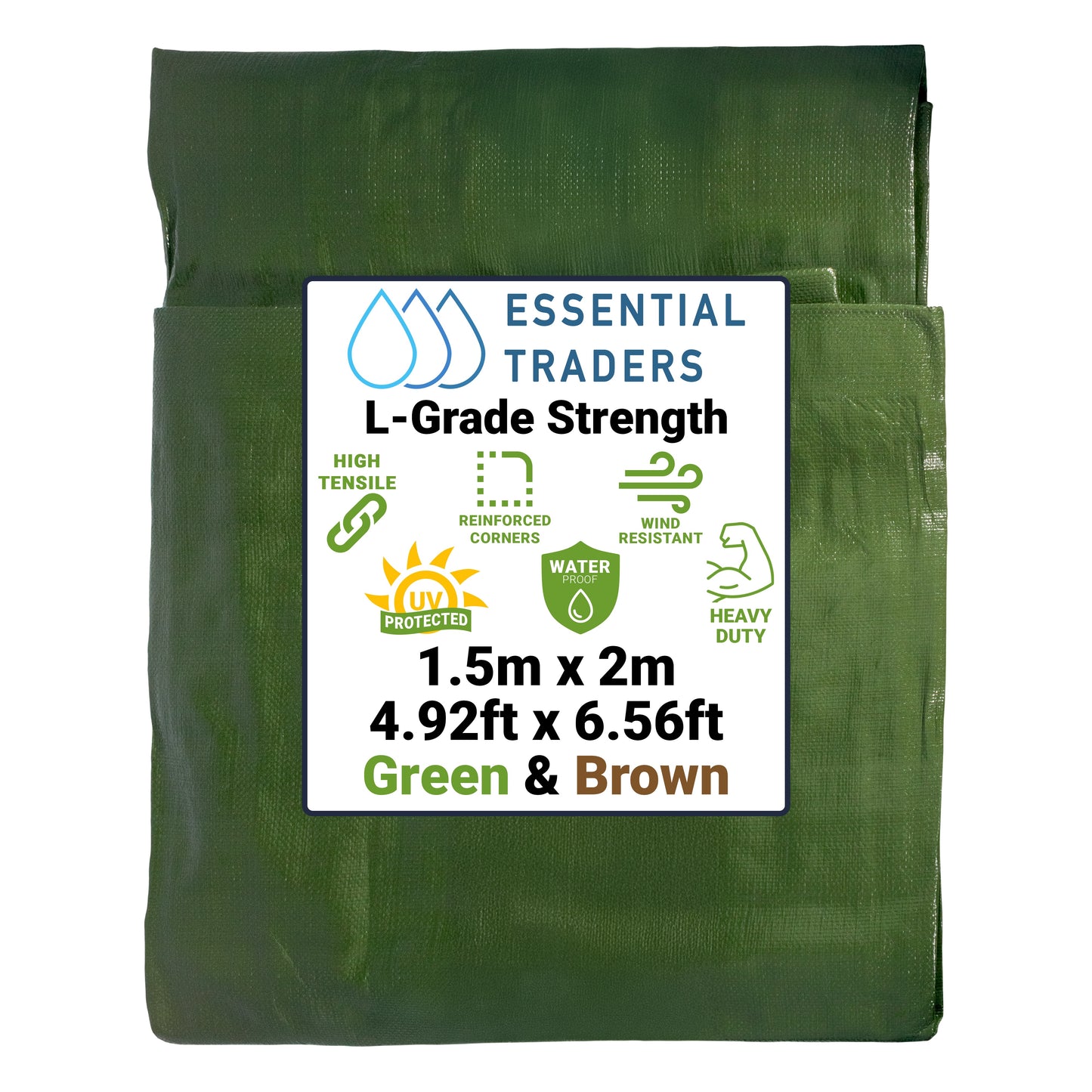 1.5m x 2m Green & Brown Tarpaulins, L-Grade 200 GSM
