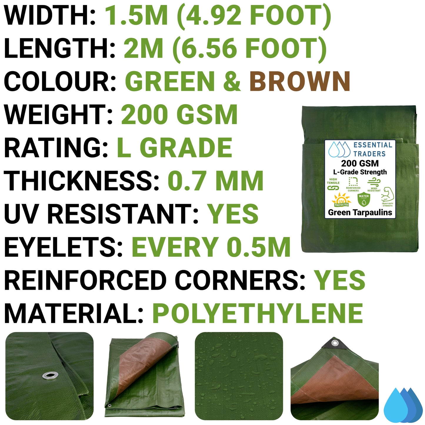 1.5m x 2m Green & Brown Tarpaulins, L-Grade 200 GSM