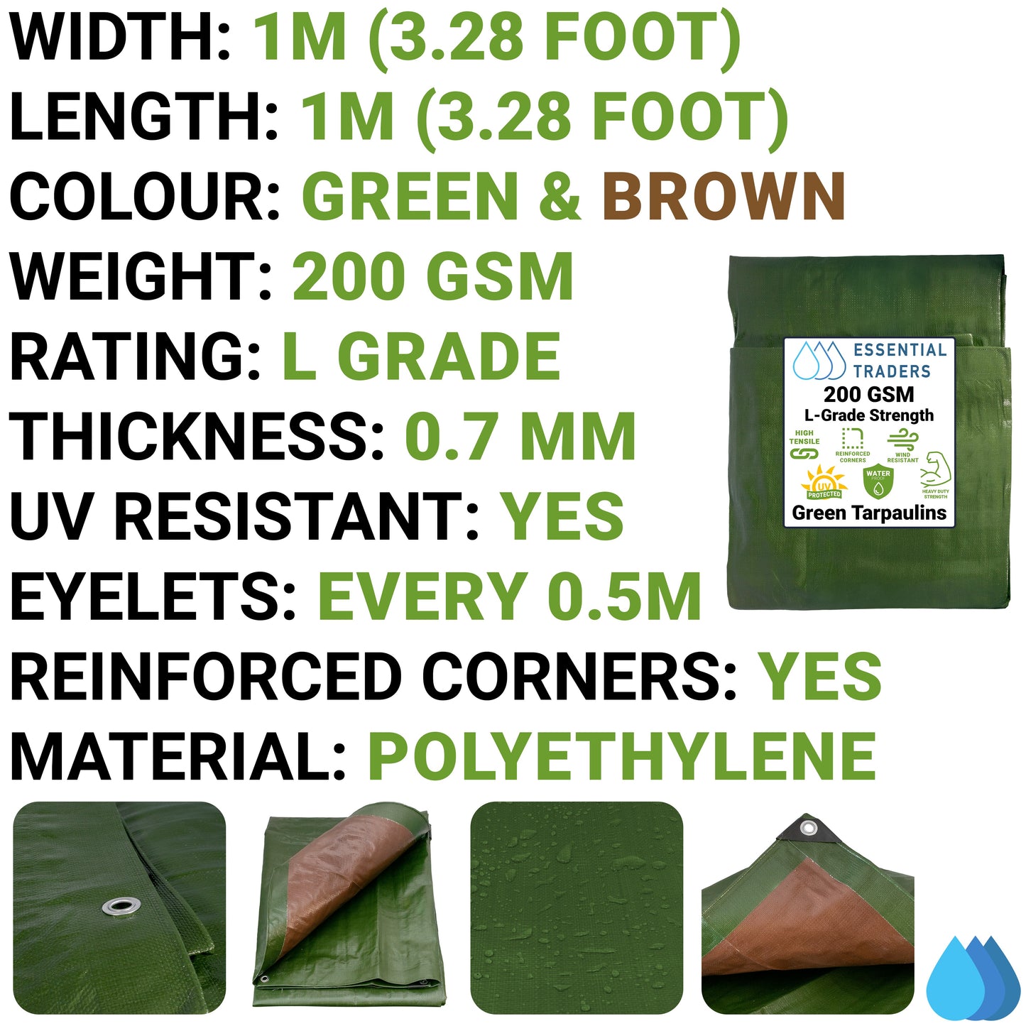 1m x 1m Green & Brown Tarpaulins, L-Grade 200 GSM