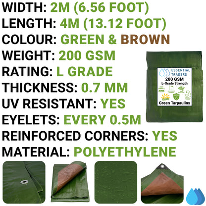 2m x 4m Green & Brown Tarpaulins, L-Grade 200 GSM