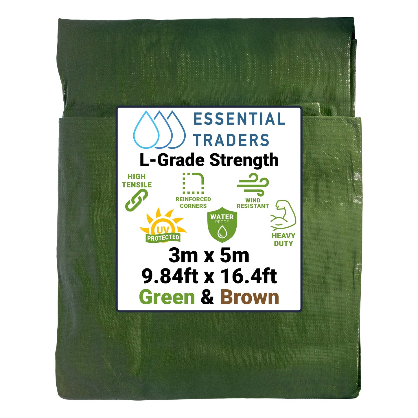 3m x 5m Green & Brown Tarpaulins, L-Grade 200 GSM