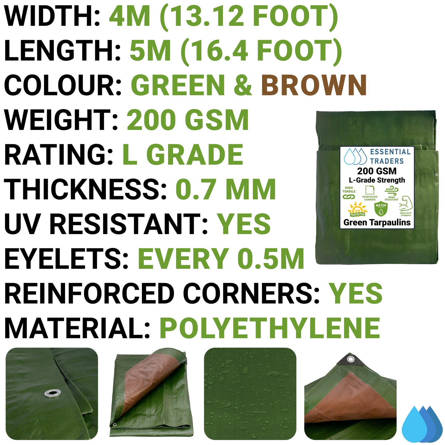 4m x 5m Green & Brown Tarpaulins, L-Grade 200 GSM