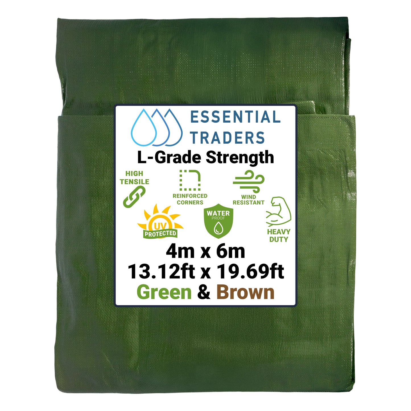 4m x 6m Green & Brown Tarpaulins, L-Grade 200 GSM