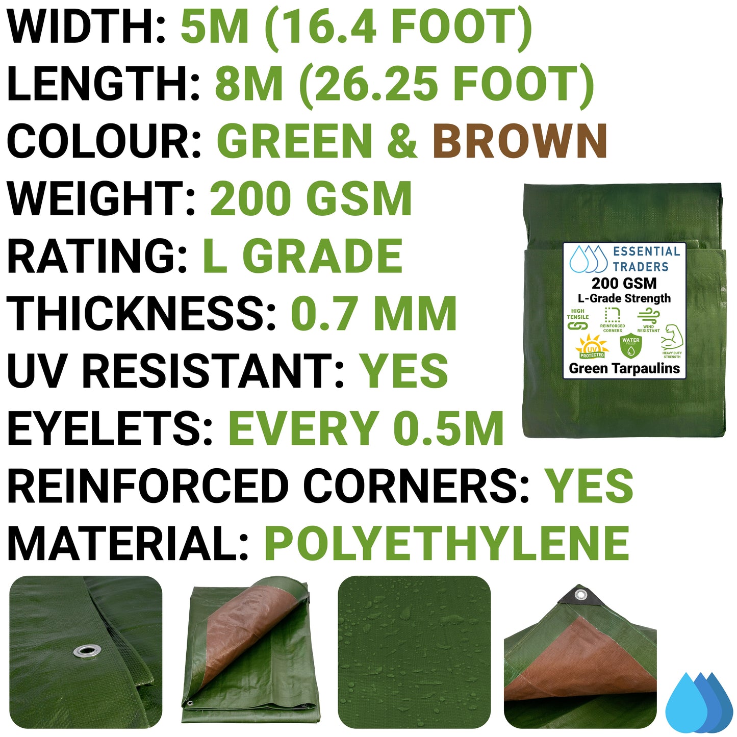 5m x 8m Green & Brown Tarpaulins, L-Grade 200 GSM