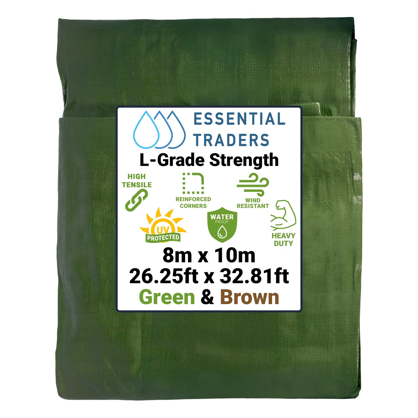 8m x 10m Green & Brown Tarpaulins, L-Grade 200 GSM