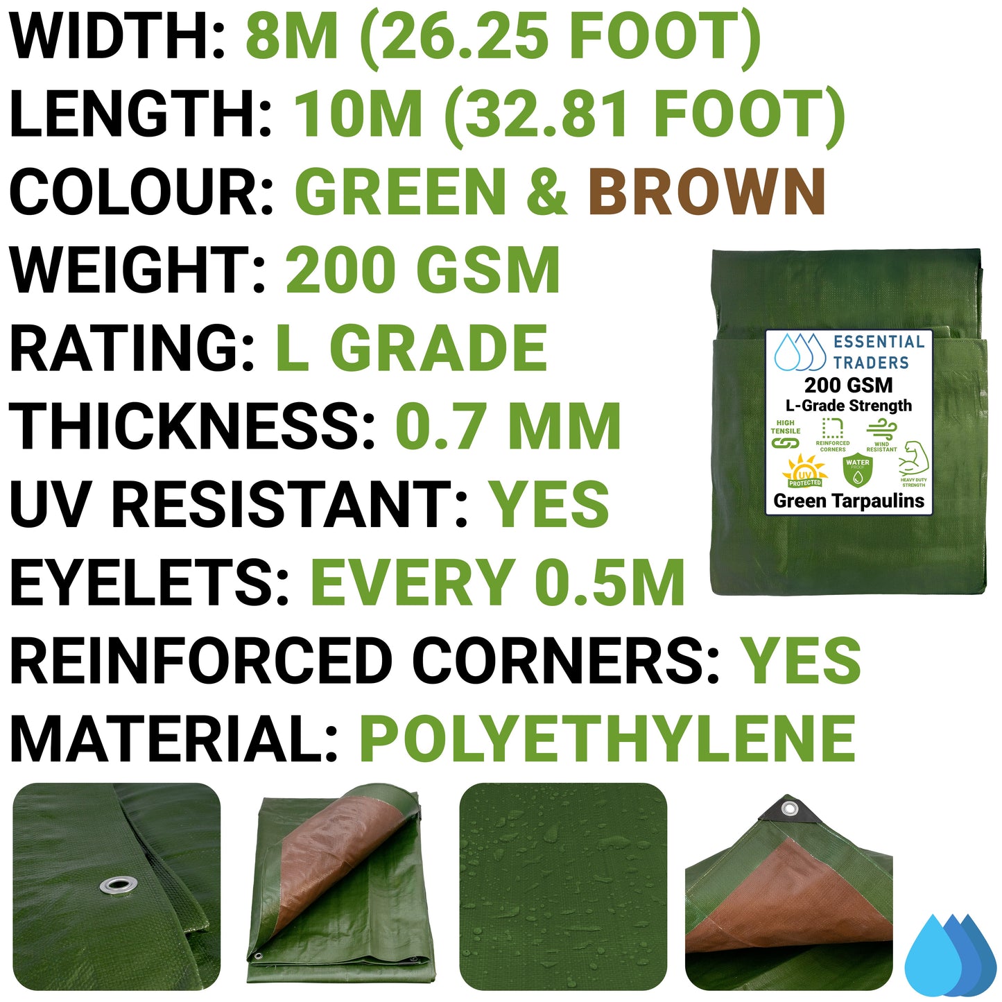 8m x 10m Green & Brown Tarpaulins, L-Grade 200 GSM