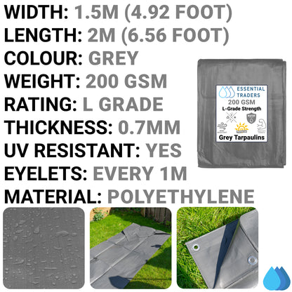 1.5m x 2m Grey Tarpaulins, L-Grade 200 GSM