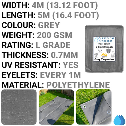 4m x 5m Grey Tarpaulins, L-Grade 200 GSM