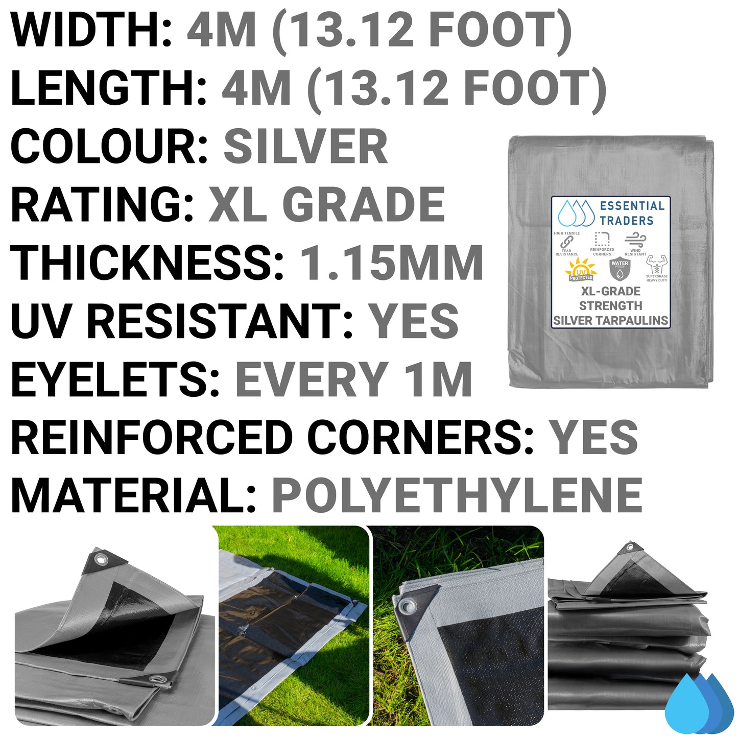 4m x 4m Silver Tarpaulins, XL-Grade 260 GSM