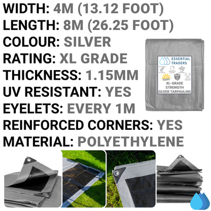 4m x 8m Silver Tarpaulins, XL-Grade 260 GSM