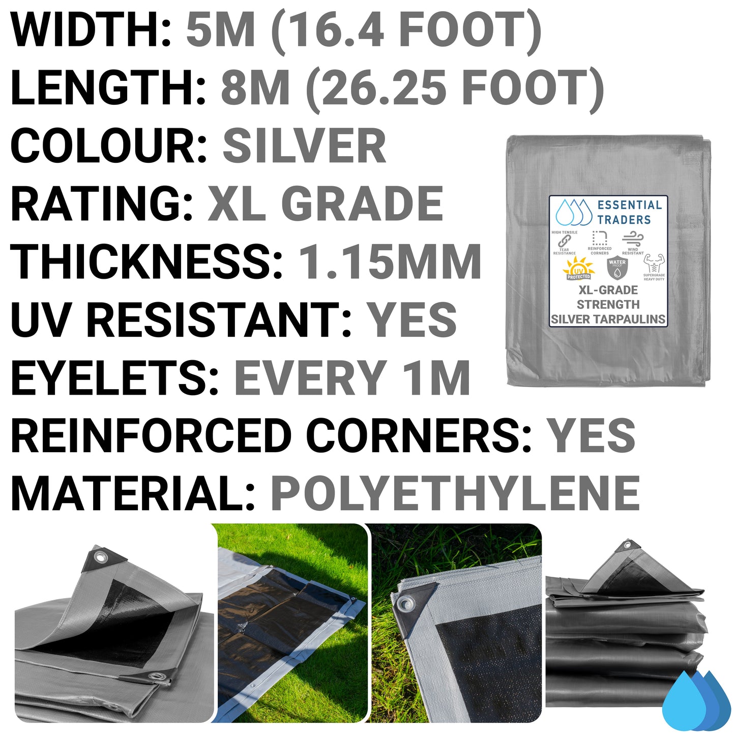 5m x 8m Silver Tarpaulins, XL-Grade 260 GSM
