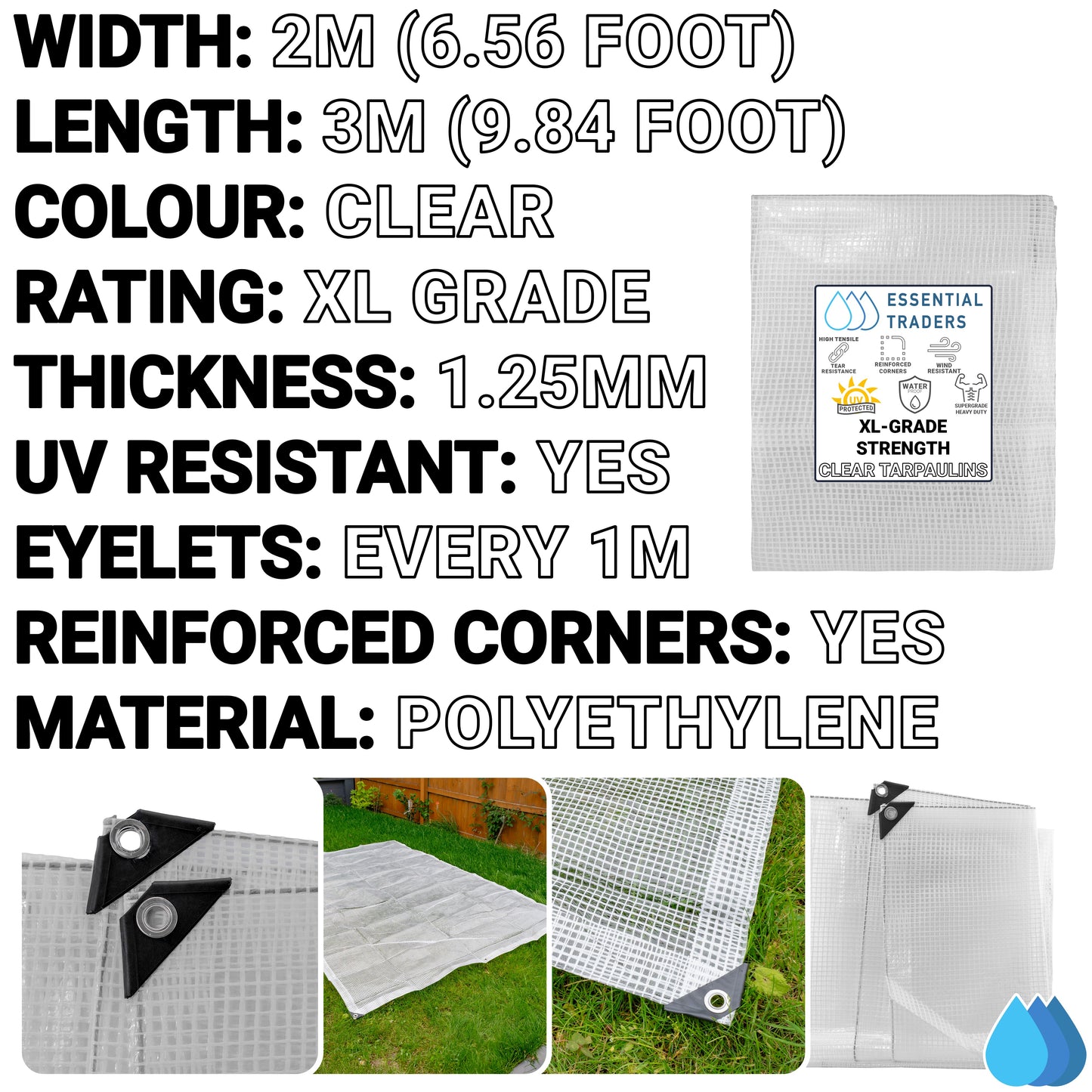 2m x 3m Clear Tarpaulins, XL-Grade 300 GSM