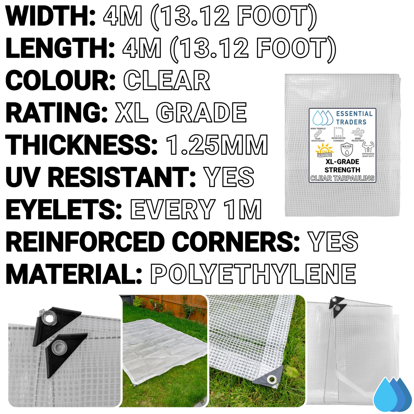 4m x 4m Clear Tarpaulins, XL-Grade 300 GSM