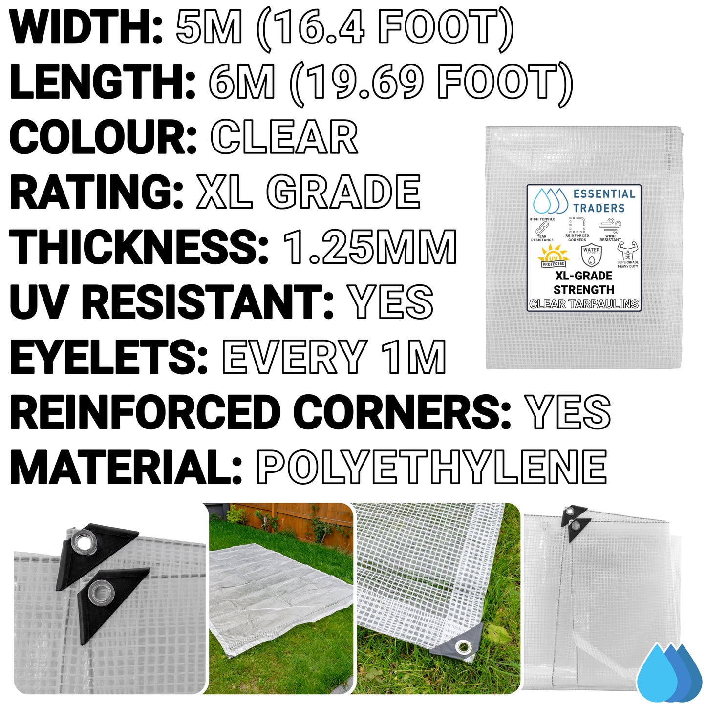 5m x 6m Clear Tarpaulins, XL-Grade 300 GSM