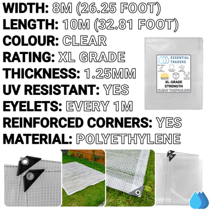 8m x 10m Clear Tarpaulins, XL-Grade 300 GSM