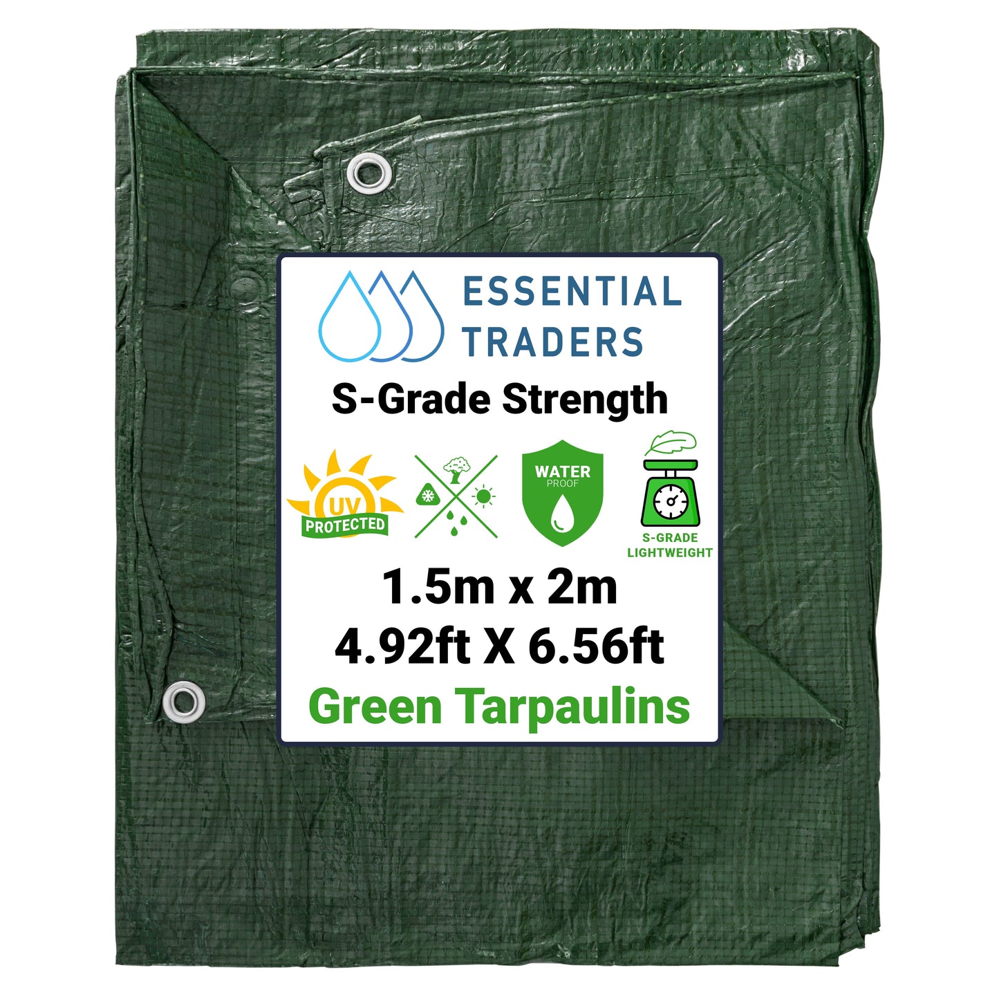 1.5m x 2m Green Tarpaulins, S-Grade 50 GSM