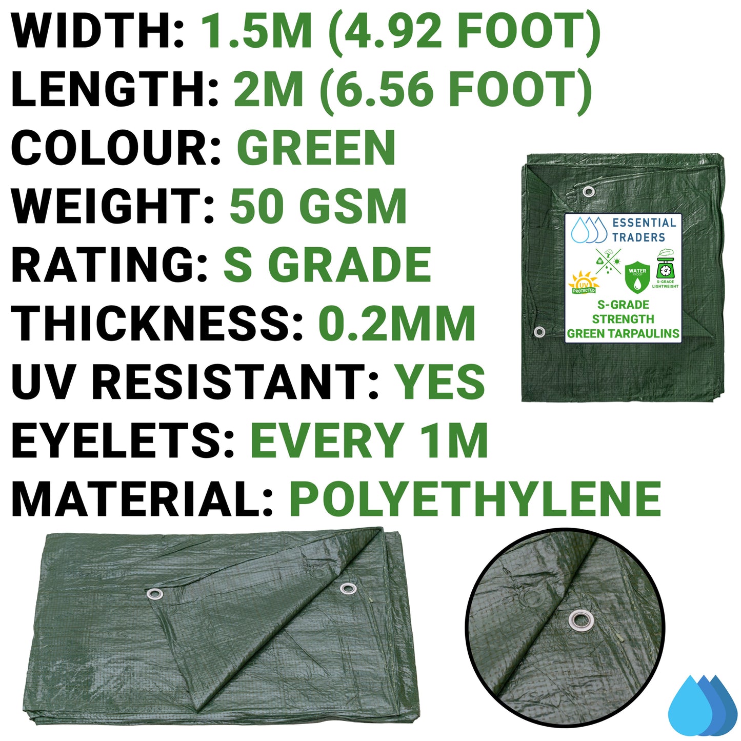 1.5m x 2m Green Tarpaulins, S-Grade 50 GSM