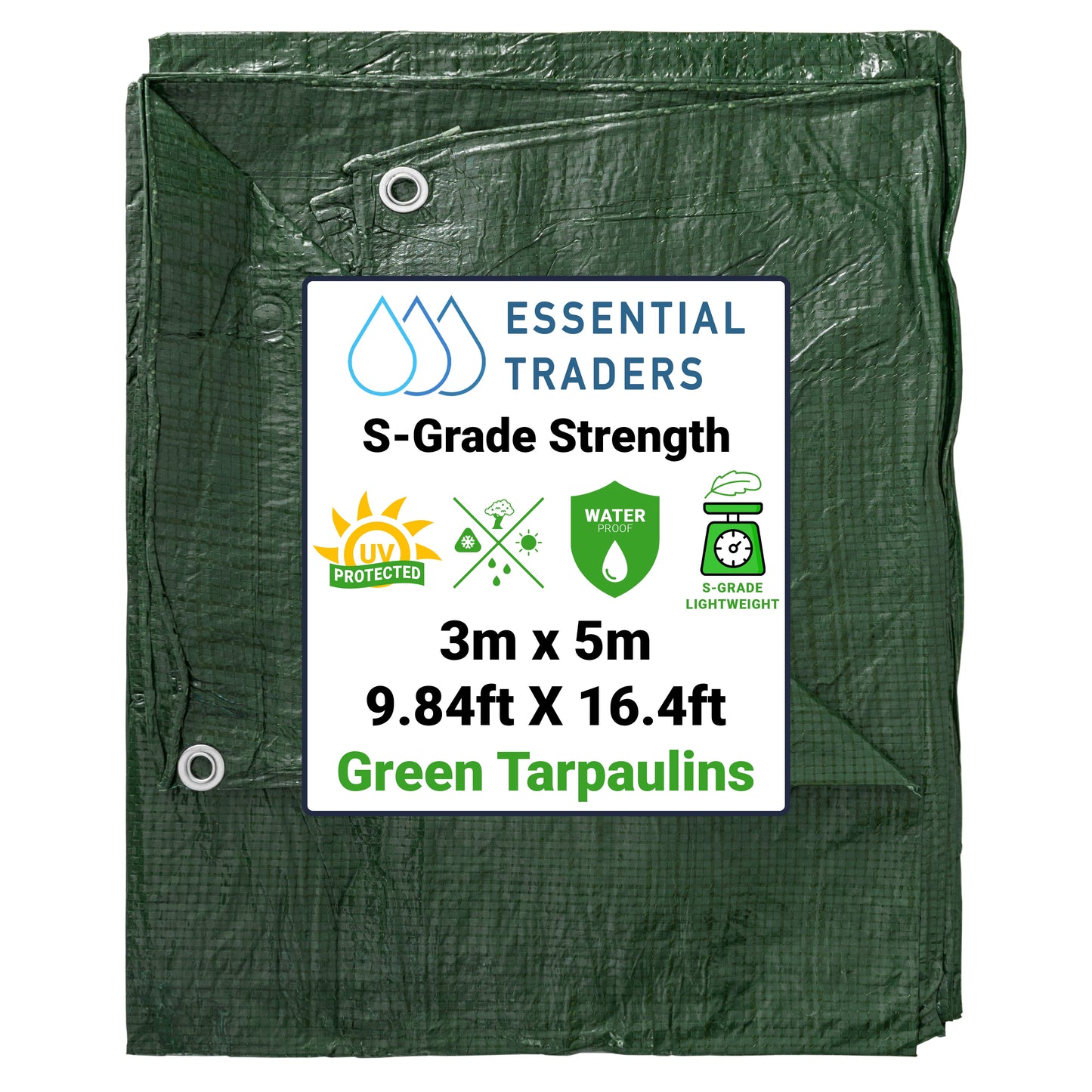 3m x 5m Green Tarpaulins, S-Grade 50 GSM