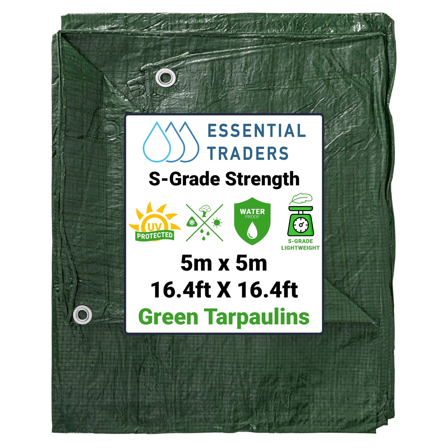 5m x 5m Green Tarpaulins, S-Grade 50 GSM