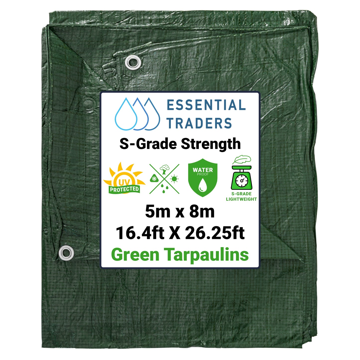5m x 8m Green Tarpaulins, S-Grade 50 GSM