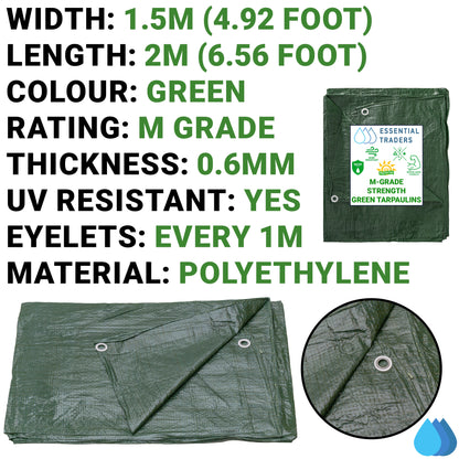 1.5m x 2m Green Tarpaulins, M-Grade 90 GSM