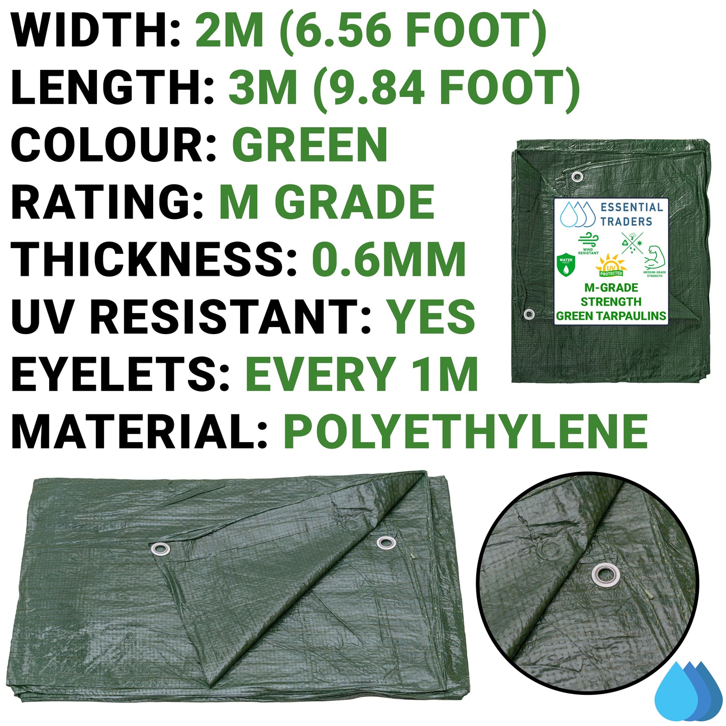 2m x 3m Green Tarpaulins, M-Grade 90 GSM