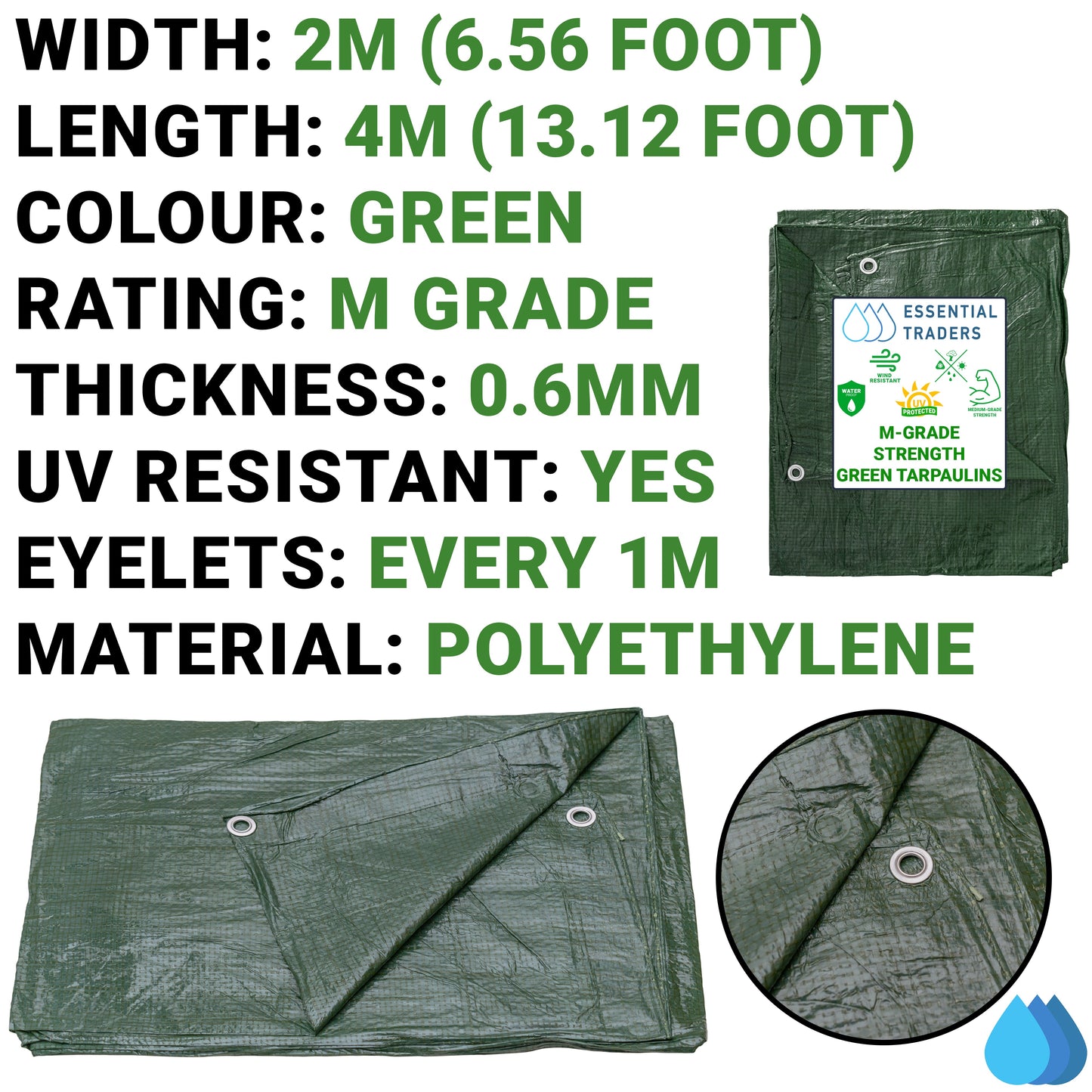 2m x 4m Green Tarpaulins, M-Grade 90 GSM