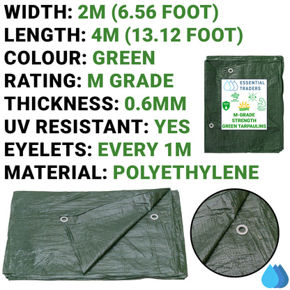 2m x 4m Green Tarpaulins, M-Grade 90 GSM