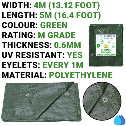 4m x 5m Green Tarpaulins, M-Grade 90 GSM