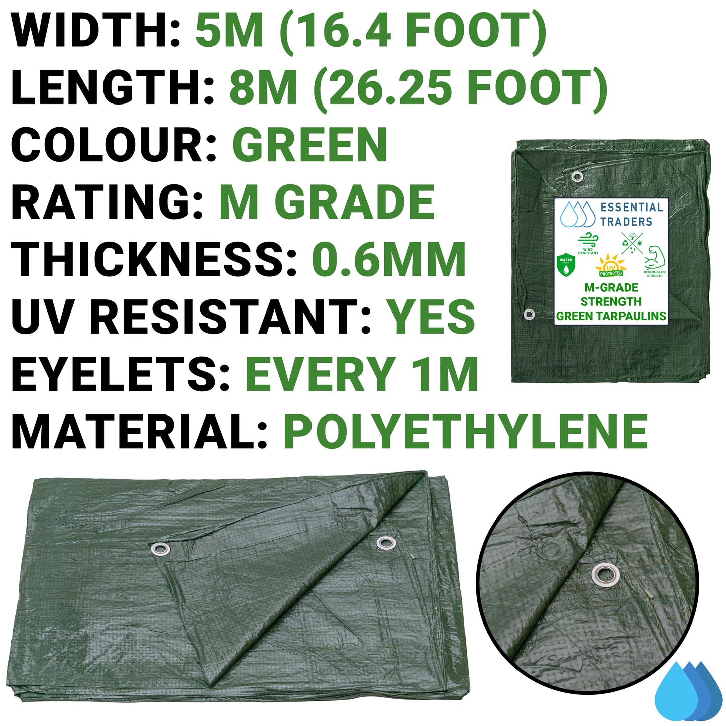 5m x 8m Green Tarpaulins, M-Grade 90 GSM