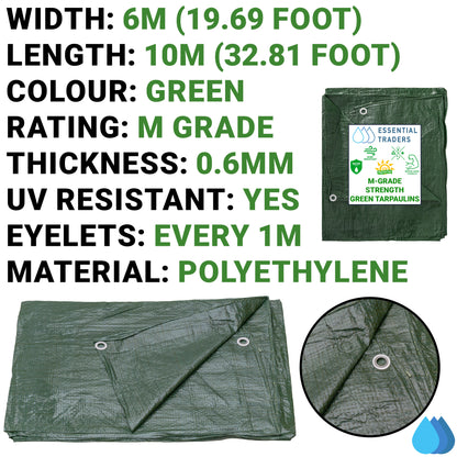 6m x 10m Green Tarpaulins, M-Grade 90 GSM
