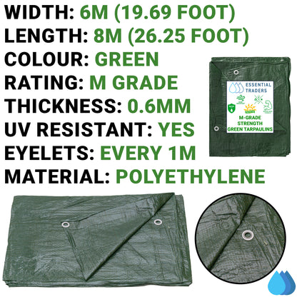 6m x 8m Green Tarpaulins, M-Grade 90 GSM