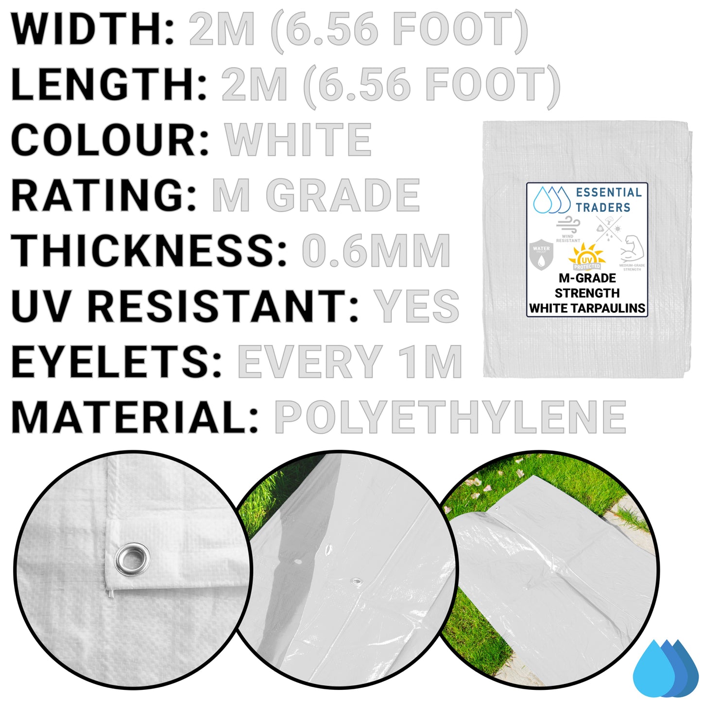 2m x 2m White Tarpaulins, M-Grade 90 GSM