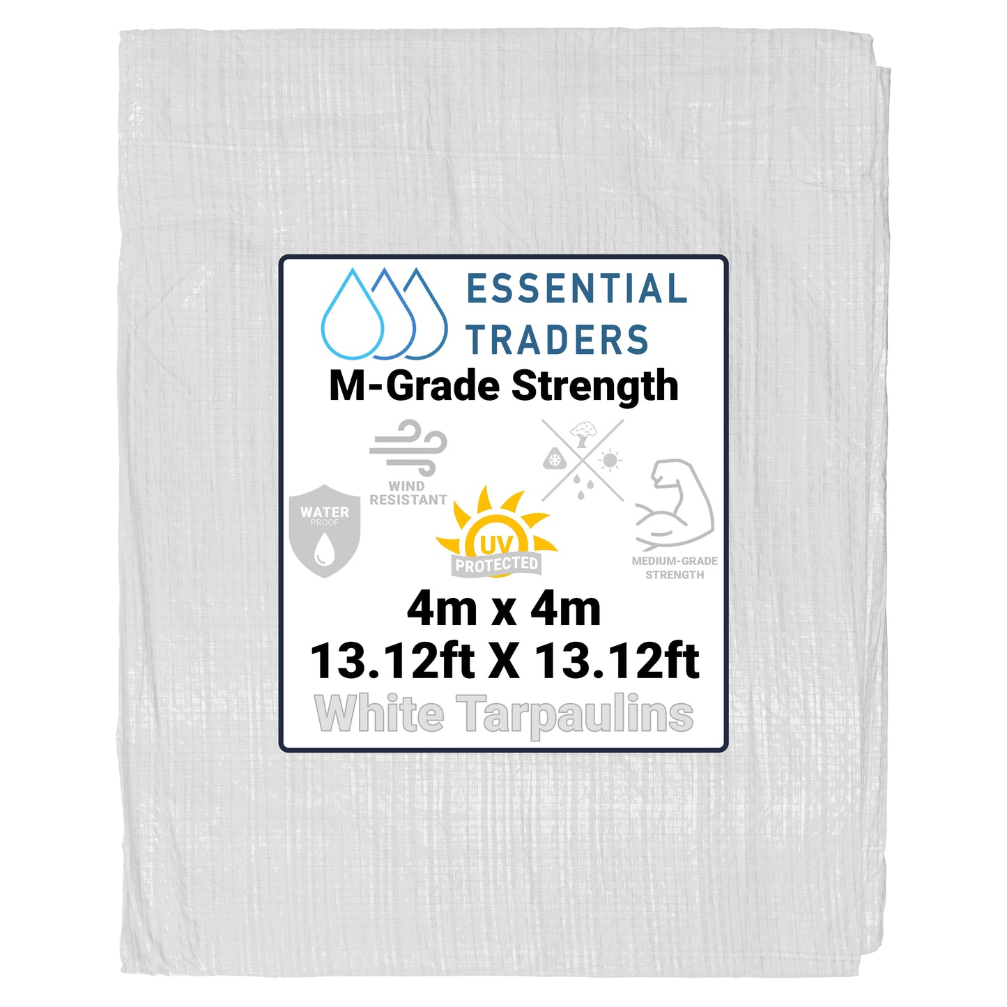 4m x 4m White Tarpaulins, M-Grade 90 GSM