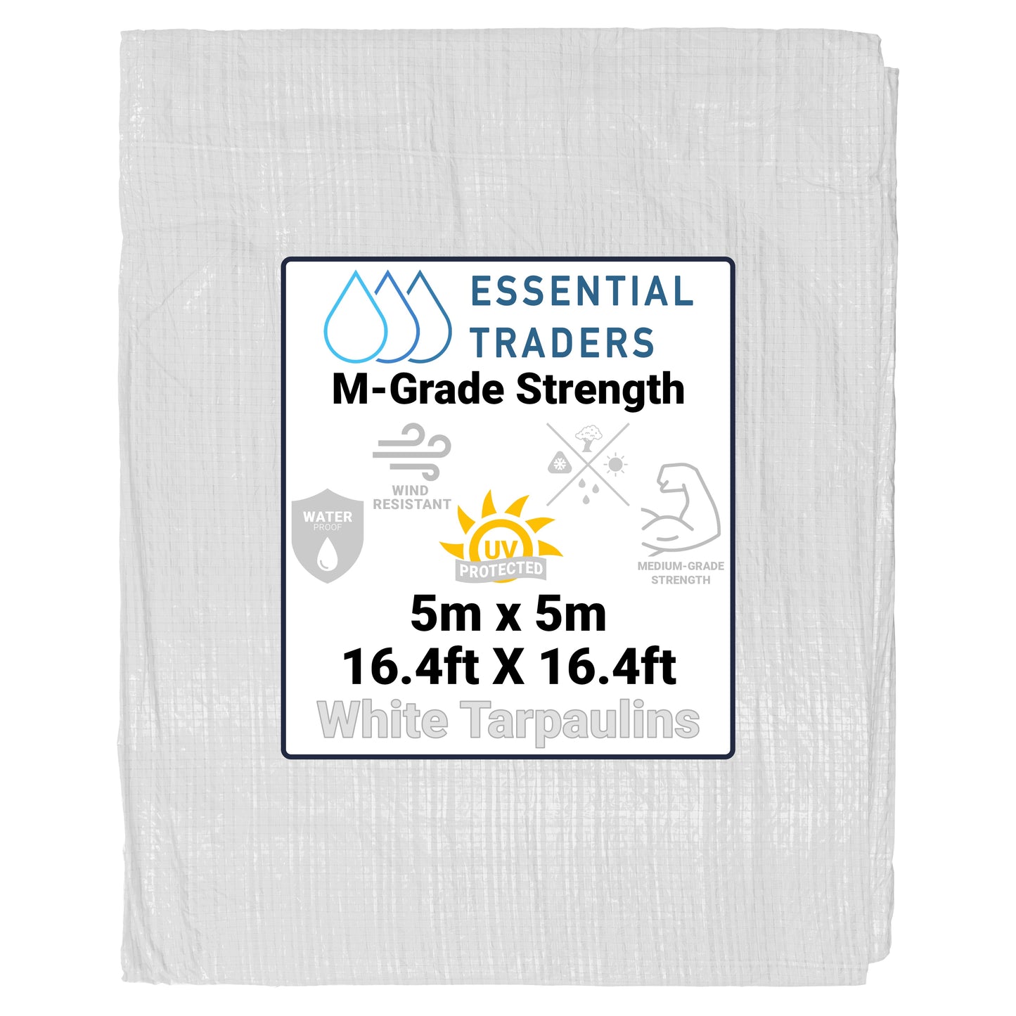 5m x 5m White Tarpaulins, M-Grade 90 GSM