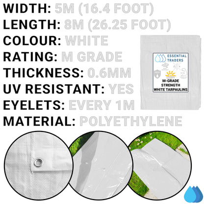 5m x 8m White Tarpaulins, M-Grade 90 GSM