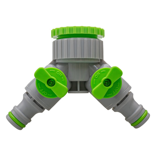 Double Outlet Tap Splitter with Valves, Green & Grey