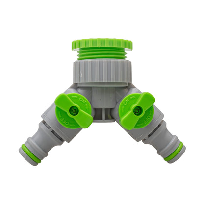 Double Outlet Tap Splitter with Valves, Green & Grey
