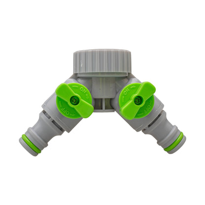 Double Outlet Tap Splitter with Valves, Green & Grey