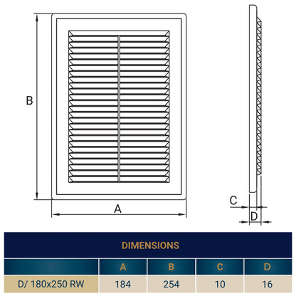 White Louvre Vent with Fly Screen, 180mm x 250mm