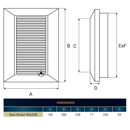 White Duo Smart Louvre Vent with Fly Mesh, 90mm x 240mm