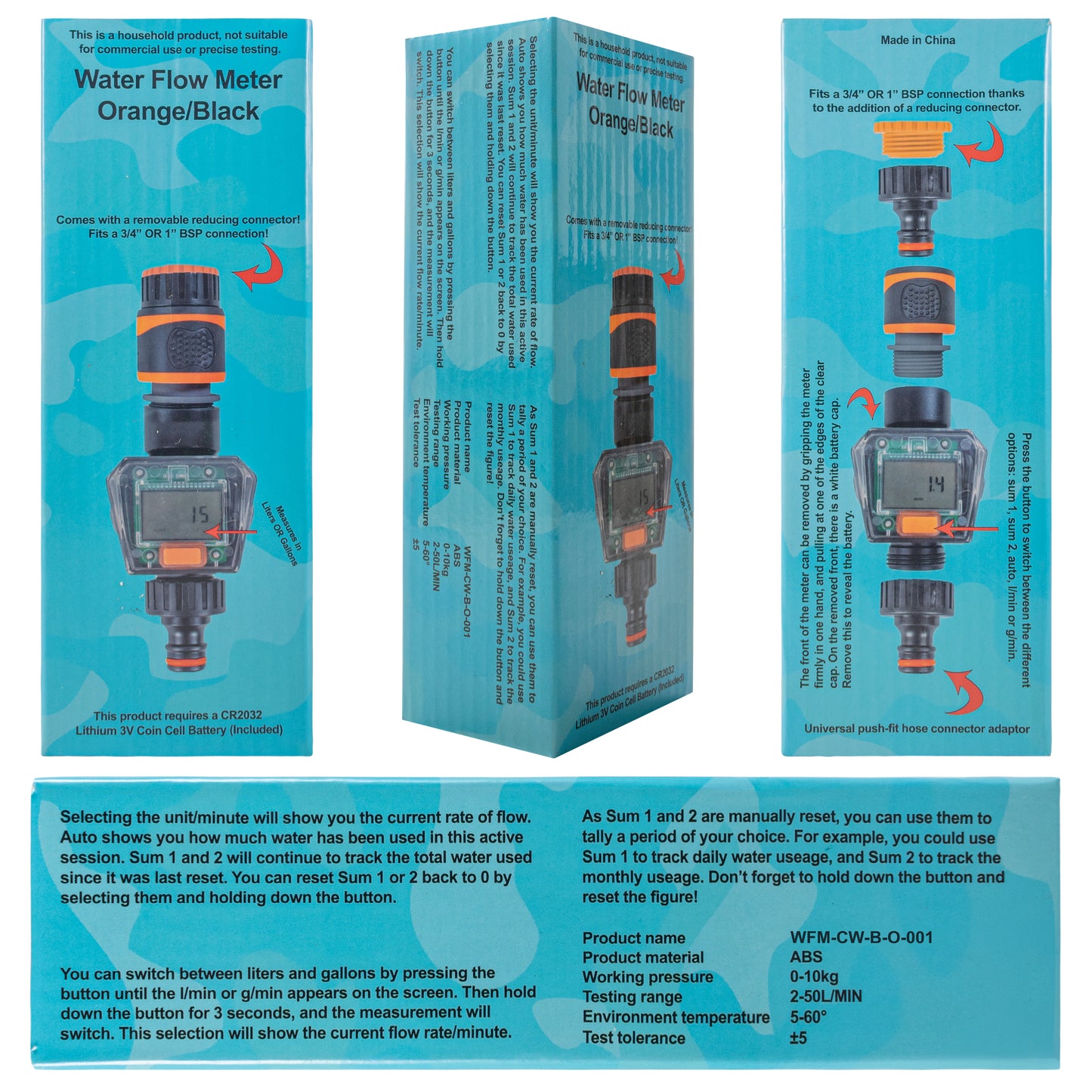Water Flow Meter, Orange & Black