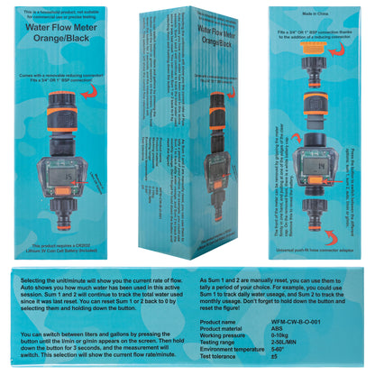 Water Flow Meter, Orange & Black
