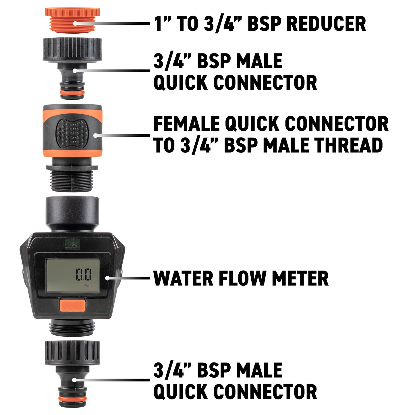 Water Flow Meter, Orange & Black
