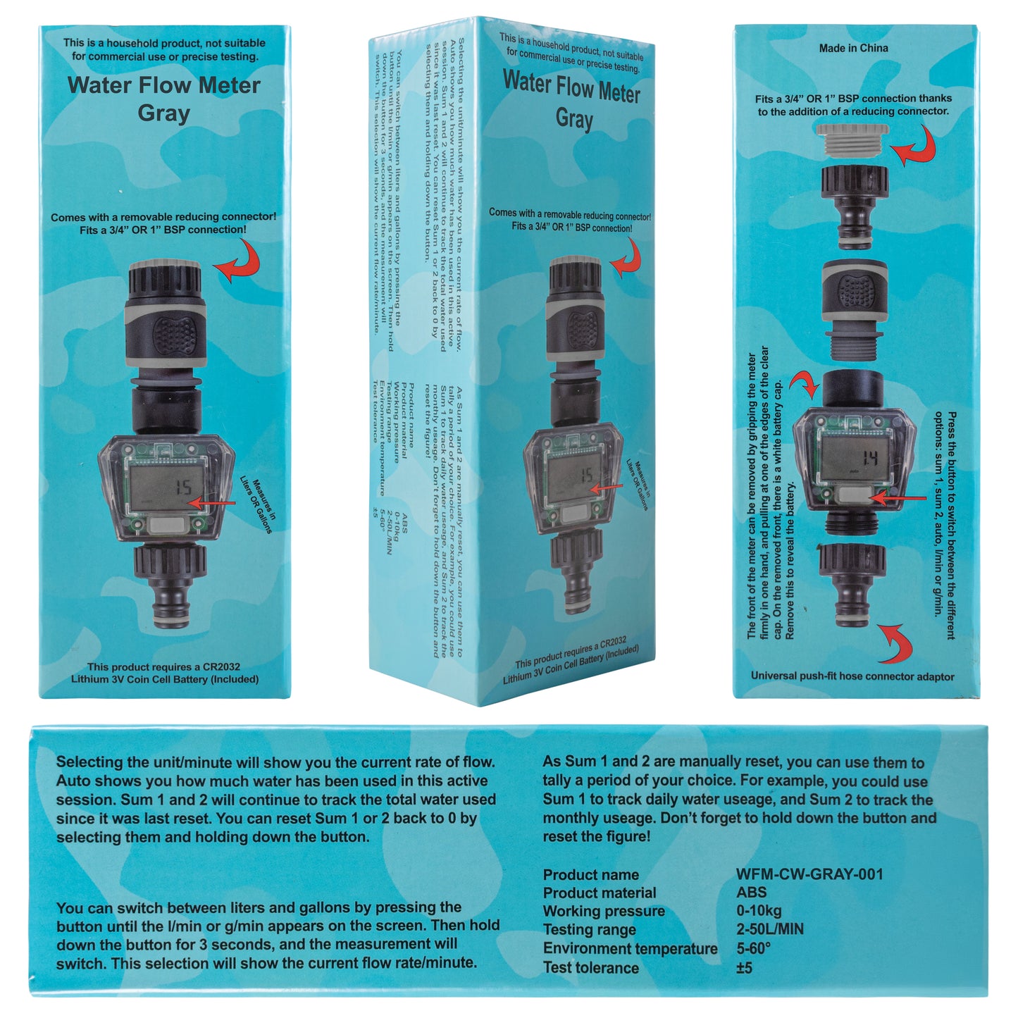 Water Flow Meter, Grey & Black