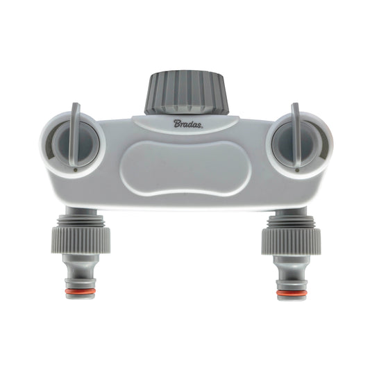 2-Way Tap Splitter Manifold – 1” & 3/4” BSP with Valves, Grey